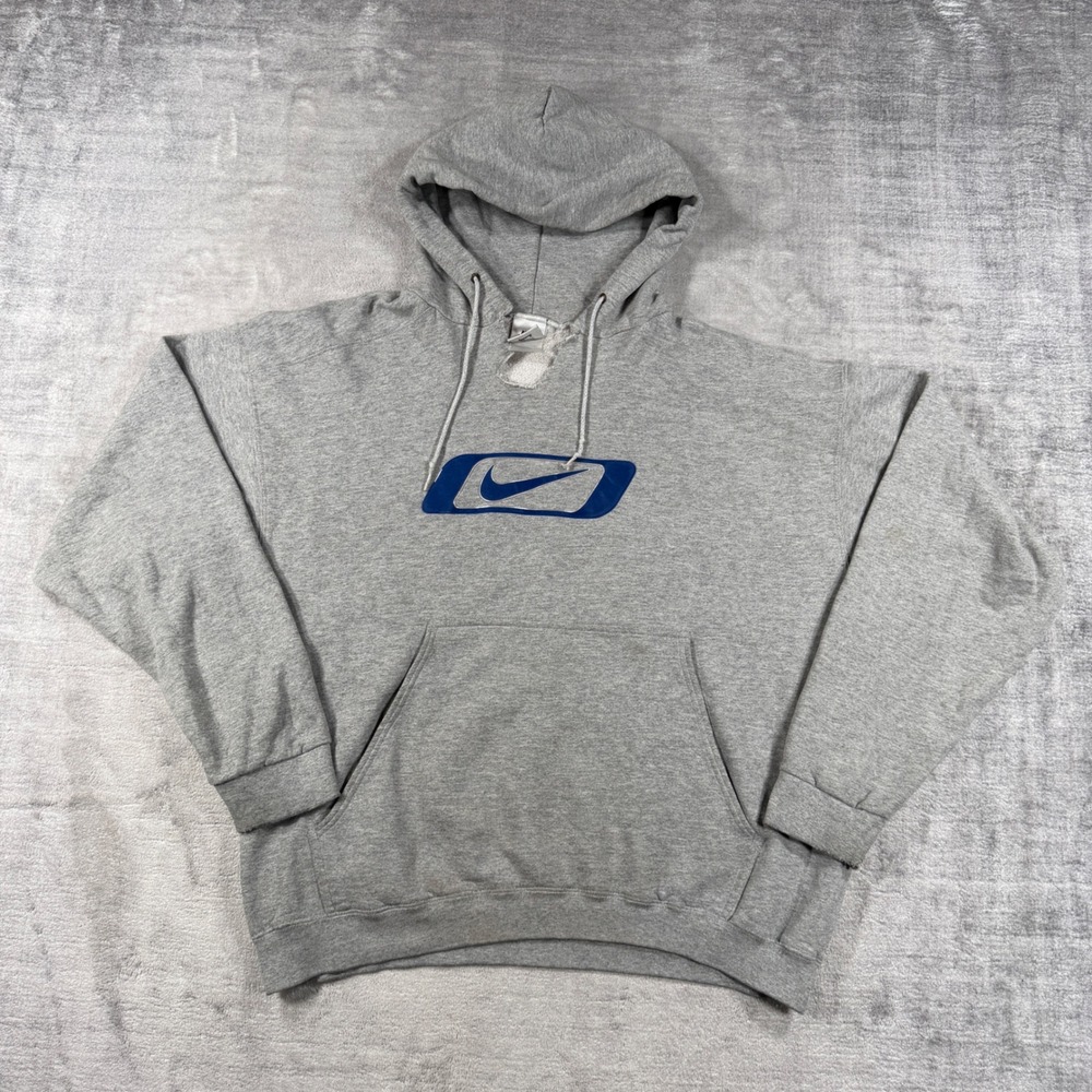 Nike Sweatshirt Mens Large Gray VTG 90s Distressed Swoosh Logo Hoodie Pullover